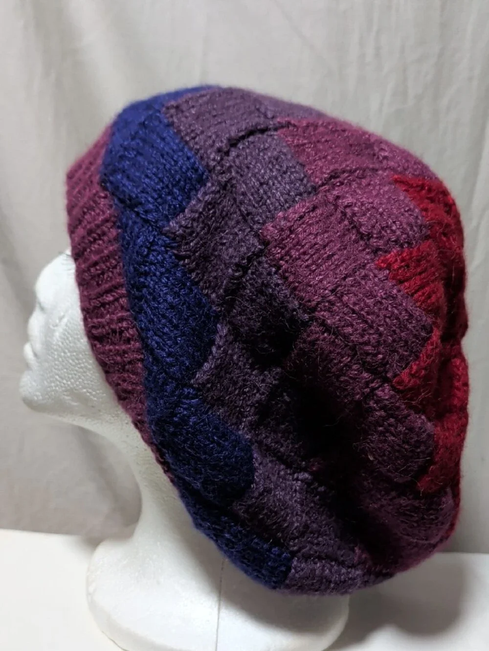 Entrelac Hand-Knit Purple Plaid Beanie - Women's Winter Hat Slouchy Warm Wear